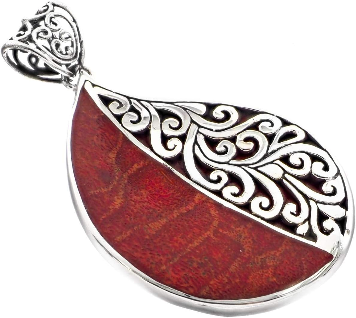 Genuine Red Sponge Coral Scroll Filigree 925 Sterling Silver Pendant, 2 3/8"