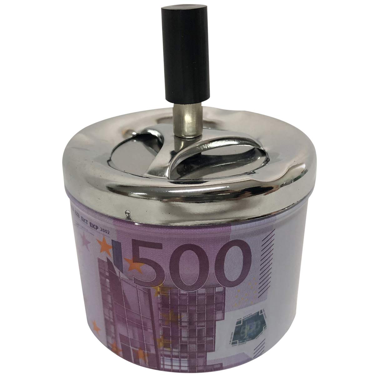 NewFerU Smokeless Metal Tin Push Down Ashtray for Cigarettes Cigars With Spinning Tray Lid Covered Portable Ash Tray Bucket for Home Tabletop,Patio,Sand,Car,Auto,Outdoors,Indoors (Euro Sign 500)