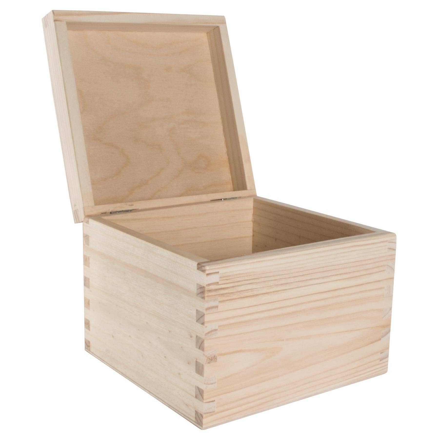 WooDeeDoo Square Wooden Box with Hinged Lid – 16 x 16 x 13.5 cm – Plain Pine Storage Chest for Keepsakes Crafts Gifts Jewellery Trinkets Decoration Unpainted Untreated DIY — image 1