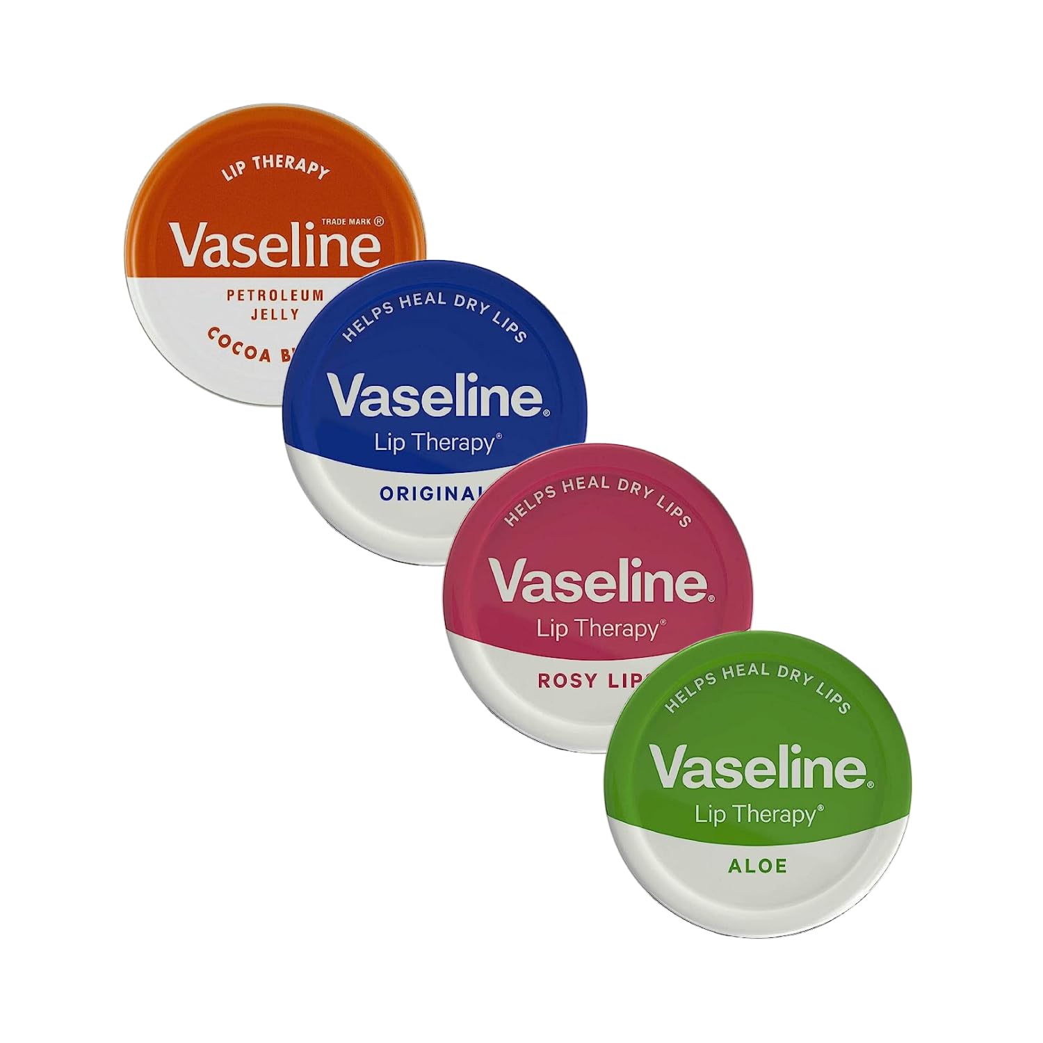 Vaseline Lip Balm - Petroleum Jelly - Lip Therapy - Original, Coconut Butter, Aloe Vera and Rosy, 20g Tub, Soothes Dry Lips, Pack of 4
