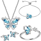 925 Sterling Silver Birthstone Butterfly Jewelry Women Crystal Animal Cute Butterflies Birthday Necklace/Earring/Ring/Bracelet Sets Birth Stone Statement Anniversary Jewellery