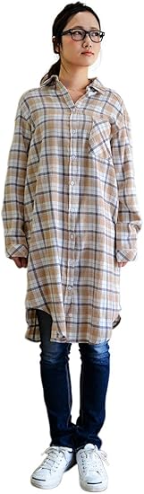 フランネル チェックシャツ ワンピース レディース シャツワンピ コットン100 綿 チェック柄 ベージュ ワンピース チュニック 通販 Amazon