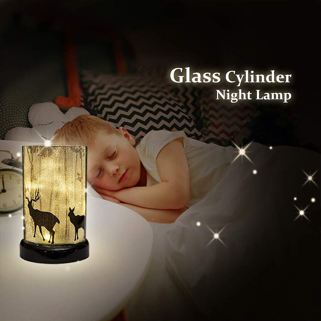 Christmas Light Battery Powered Glass Cylinder Lamp Bedside Table Lamp Coffee Table Decor Mood Light Night Lamp for Bedroom Living Room Kitchen Nursery Children’s Room