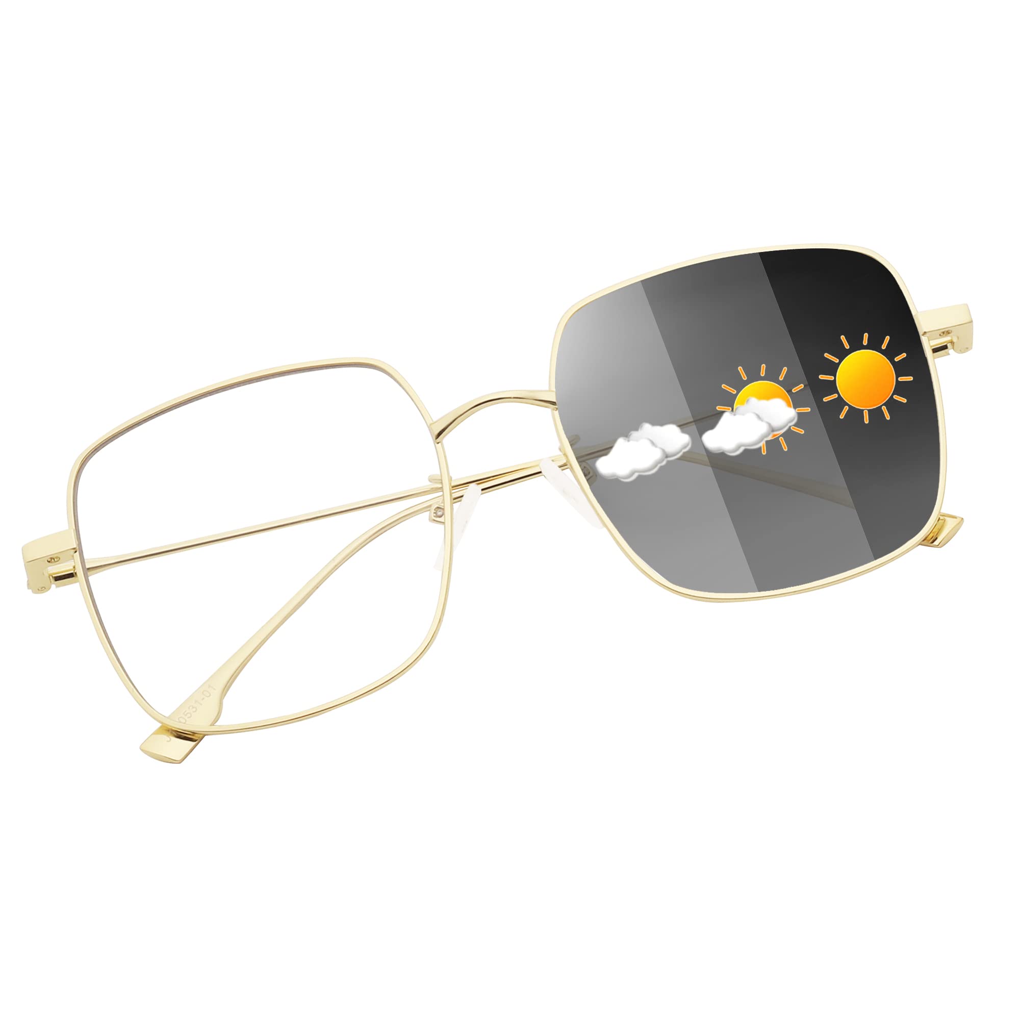 JM Photochromic Blue Light Blocking Computer Glasses, Square Eye Protect Metal Eyeglasses Anti Glare Men Women Grey