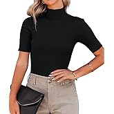 Lacozy Women Casual Short Sleeve Shirt Basic Mock Neck Top Slim Fit Ribbed Knit Pullover Sweater