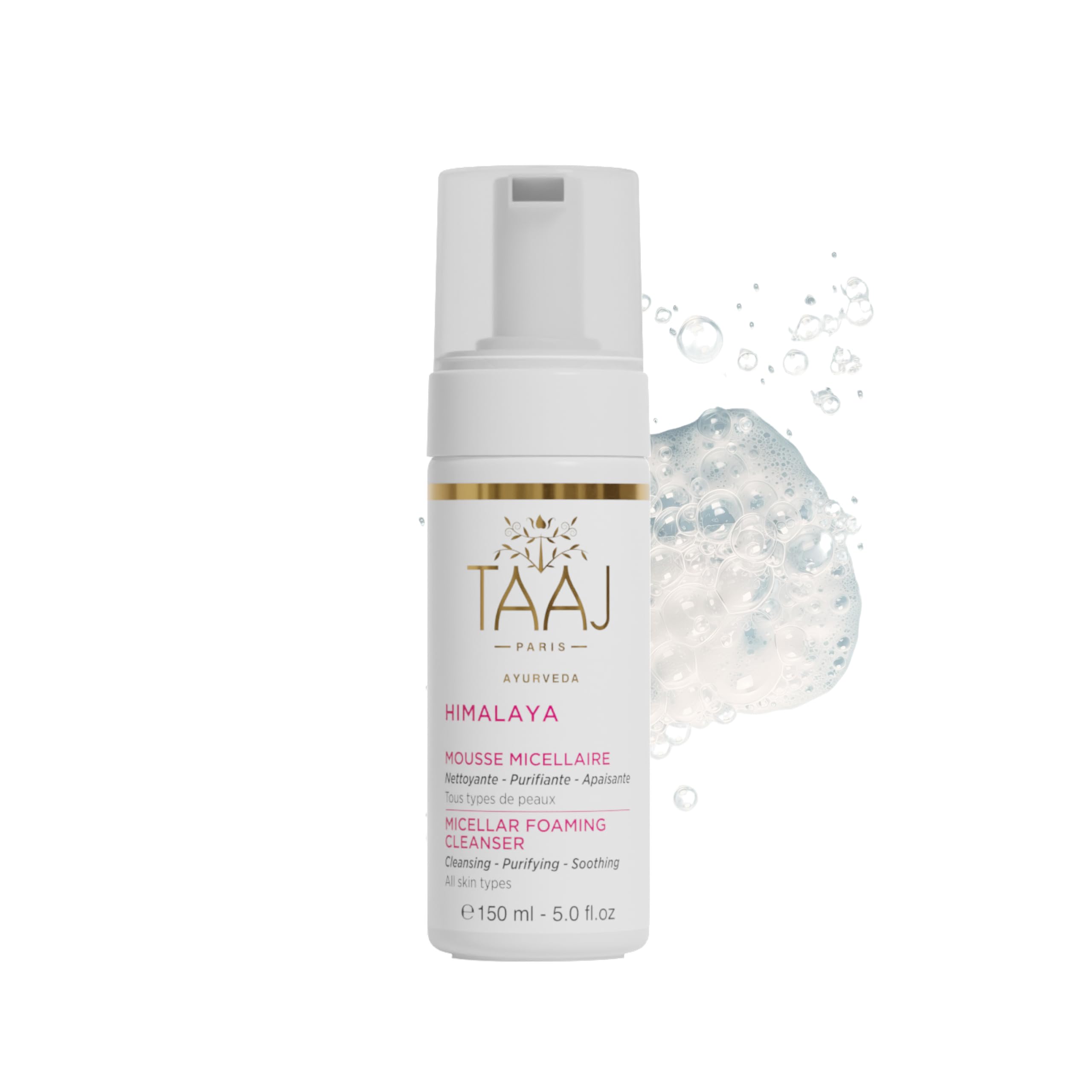 TAAJ | Micellar Foam - HIMALAYA | Cleanse, Remove Make-up & Eliminate Impurities | Clean, Soft & Supple Skin | Soothing Properties | Fresh & Radiant Complexion | Vegan & Cruelty Free | 150 ml