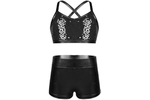 dPois Kids Girls' 2 Pieces Dance Outfit Strappy Crop Top Bra with Shorts Set Sports Workout Gymnastics Leotard