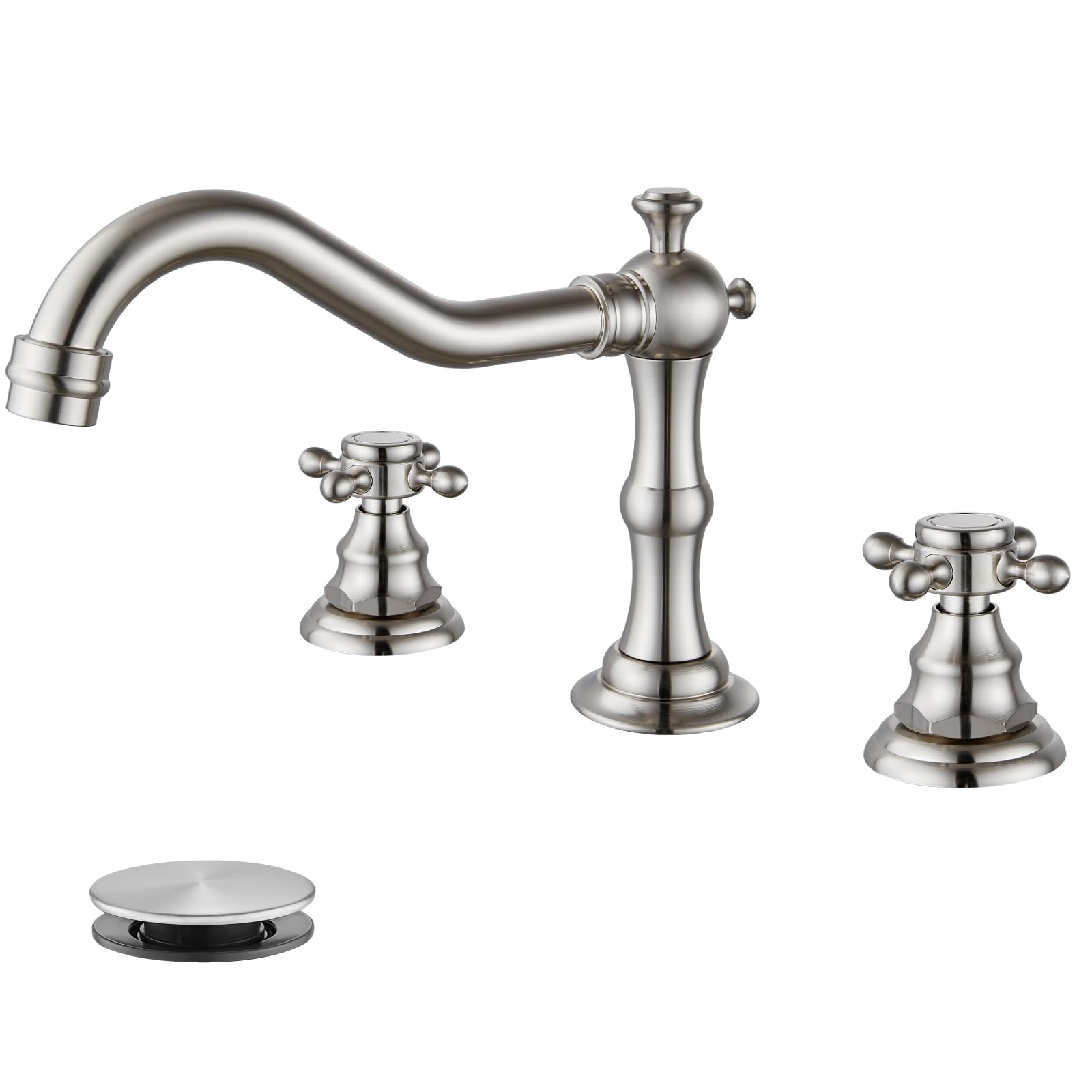 Widespread Bathroom Faucet Brushed Nickel 3 Holes Deck Mounted Victorian Style Dual Cross Knobs Hot and Cold Water with Pop Up Drain Assembly with Overflow