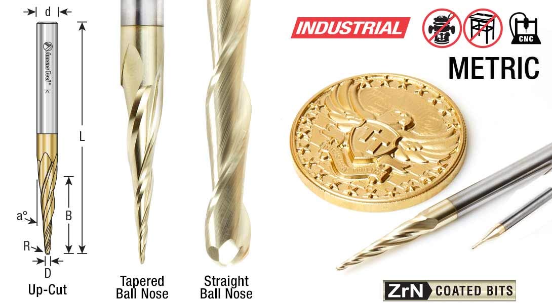 Amana Tool 46473 Metric CNC 2D and 3D Carving 6.2 Deg Tapered Angle Ball Nose x 0.5 D x 0.25 R x 26.5 CH x 6 SHK x 75mm Long x 3 Flute SC ZrN Coated Router Bit - Image 3