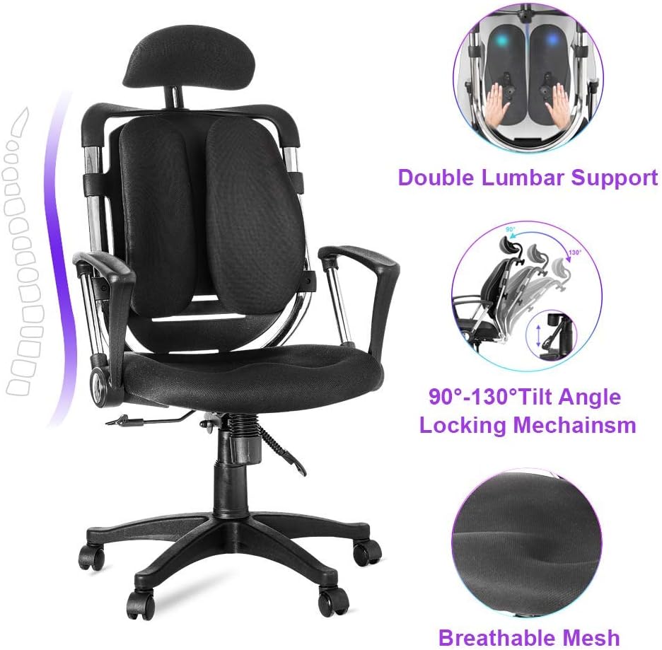 Ergonomic Adjustable Office Chair Mesh Lumbar Support High-Back Executive Swivel Home Computer Desk Chair with Armrest