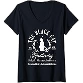 Womens Retro Black Cat Apothecary Witchy Wicca Spooky Halloween V-Neck T-Shirt