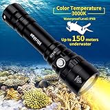 Diving Light, Waterproof Scuba Dive LED Flashlight 18650 with Cree XPL 3000K Warm White 5 Modes 1000 Lumens Underwater 150m/164yd with Battery