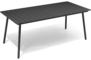 VredHom Outdoor Dining Table for 6, 70inch Patio Dining Table with Wooden-Like Top and Aluminum Frame, Rectangular Table with Umbrella Hole Outdoor Furniture, Only Table, Black