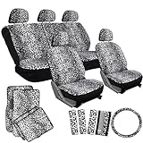 OxGord 17pc Leopard Seat Cover Carpet Floor Mat Set for Car, Truck, Van, SUV - Snow White