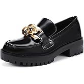 IDIFU IN2 Platform Loafers for Women Dressy with Metal Chain Slip On Low Chunky Block Lug Sole Heeled Penny Loafers Comfort Closed Round Toe Dress Shoes Office Work Business Casual Fall Loafers Shoes