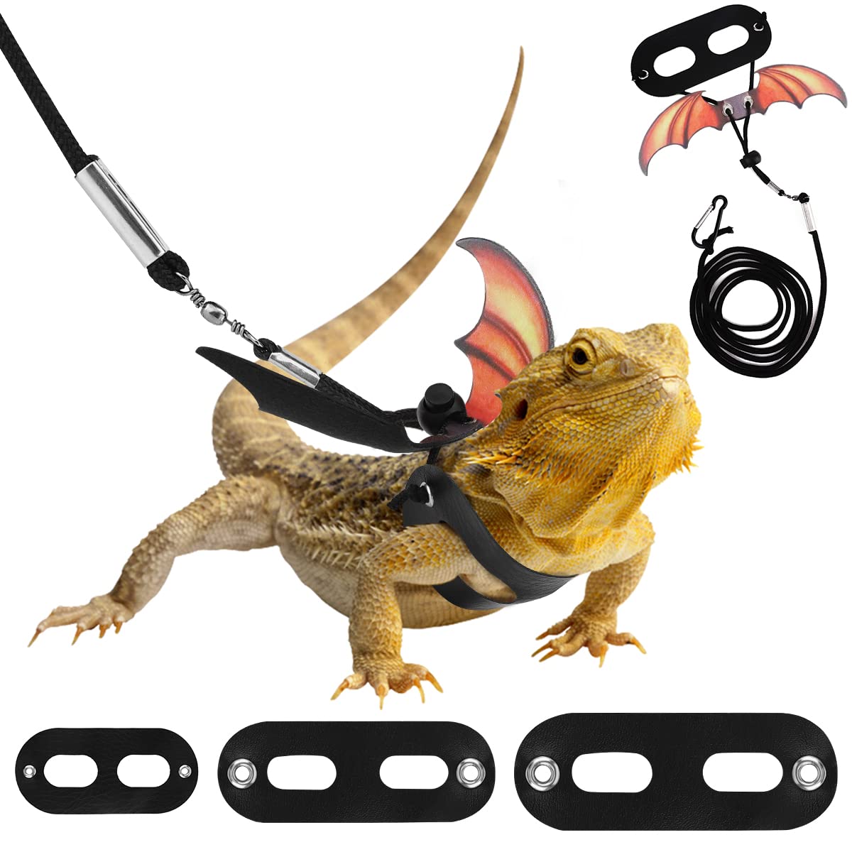 Pawaboo Adjustable Bearded Dragon Harness and Leash, 3 Size Leather Reptile Leash Outdoor Harness Leash with Bat Wings for Lizard Reptiles Amphibians Small Pet, Small/Medium/Large, Gradient yellow
