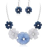 EVER FAITH Flower Collar Necklace, Faux Pearl Floral Summer Beach Statement Choker Necklaces Dangle Earrings for Women, Handmade Fashion Boho Party Prom Jewelry Accessories