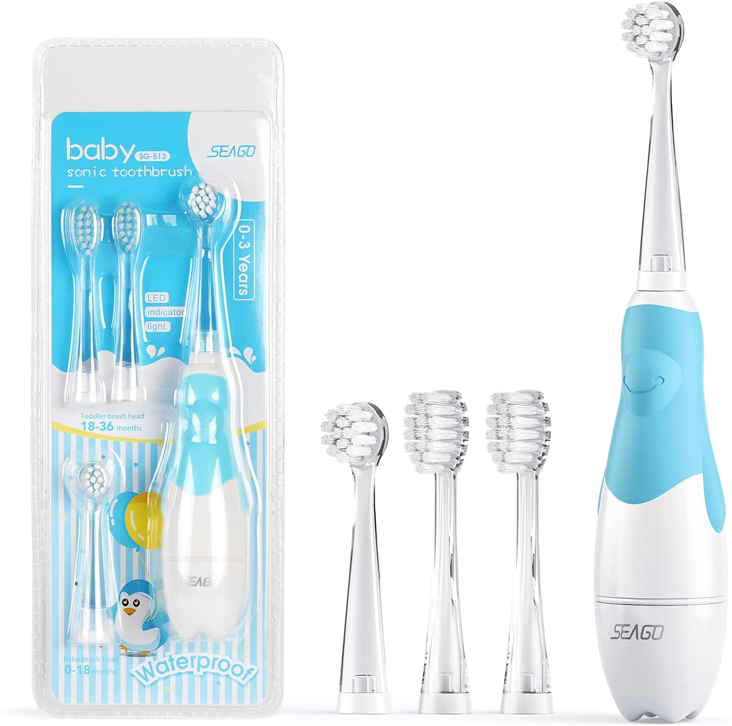 Toddler Electric Toothbrush for Ages 1-3 Years,Baby Electric Toothbrush with Smart LED Timer and Sonic Technology,4 Brush Heads(Blue)