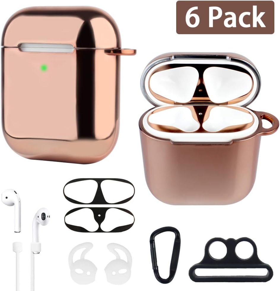 XORDING AirPods Case Front LED Visible 7 in 1 Plating Soft TPU Protective Cover Shockproof Skin Airpods Accessories Kit for Apple AirPods 1 & AirPods 2 Charging 2019 (Rose Gold)