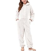 Flygo Girls Fleece Jumpsuits Fuzzy Hooded Rompers Kids Zip up Onesie Romper Costume Warm Winter Clothes 5-14 Years