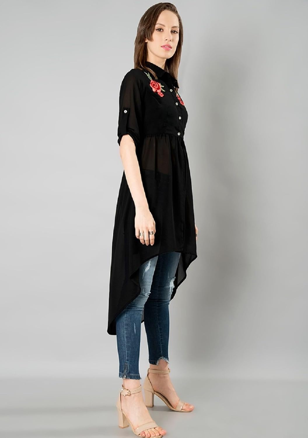 mizago women's casual-elegant chiffon blouse high-low black/peach top women long dress shirt