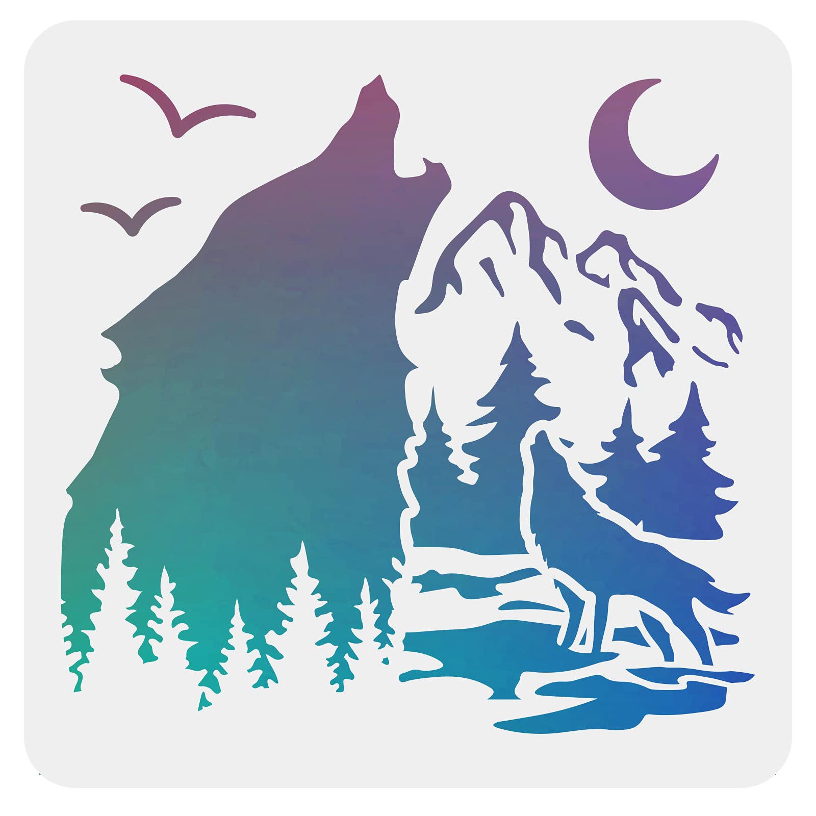 FINGERINSPIRE Wolf Stencils Decoration Template 30x30cm Plastic Forest Mountain Moon Drawing Painting Stencils Square Reusable Stencils for Create DIY Wolf Crafts and Decor — image 1