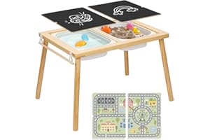 OOOK Sensory Table with 2 Bins for Toddler, Solid Wooden Activity Table with Blackboard and Urban Traffic Game, The Kids Play Sink and Sand Table is Nice Present for Boys and Girls