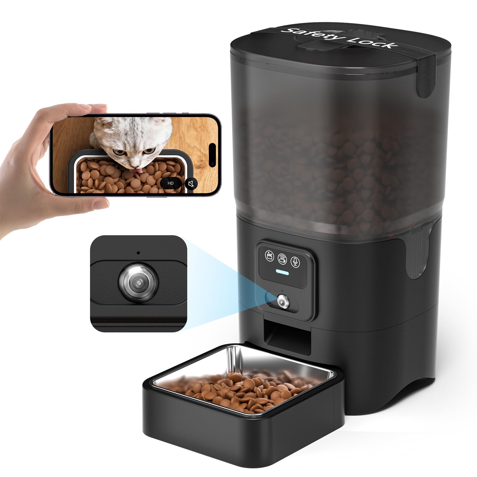 Photo 1 of PAPIFEED Automatic Cat Feeder with 720p HD Camera & Night Vision, Two-Way Audio, 6L Smart Feeder with App Control via 2.4G WiFi, Easy Clean Detachable, Schedule 1-10 Meals/Day for Cats & Dogs - Black