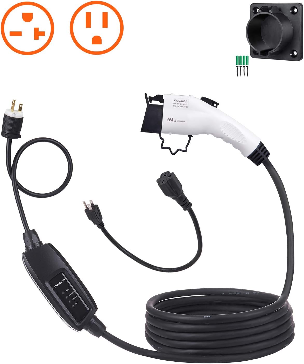 DUOSIDA Level 2 Charger (220-240V, 16A, 25FT+1.8FT) Portable Electric Vehicle Charger, NEMA 6-20P with NEMA 5-15P Adapter, SAE J1772 Compatible with All Electric Vehicle Cars - Includes Storage Case