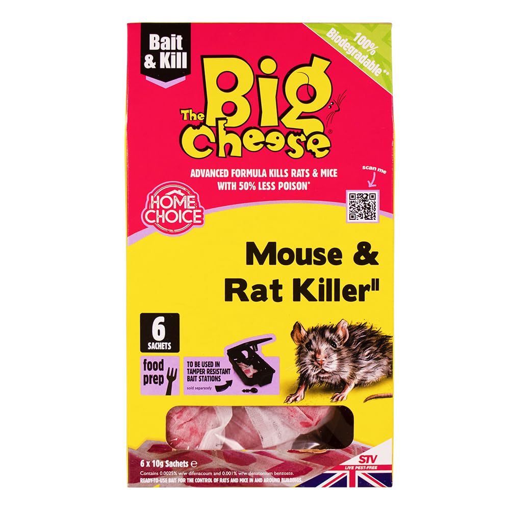 The Big Cheese Mouse & Rat Killer Pasta Sachet - 10g x 6 Kills Mice and Rats Pre-Measured Chew Through Sachets Difenacoum, Red โ image 1