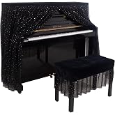 COCOBOW Elegant Black Lace Piano Dust Cover with Velvet Top - Universal Fit for Upright Pianos, Silver Star &amp; Moon Pattern, 2-Layer Protective Design, Center-Opening Convenience