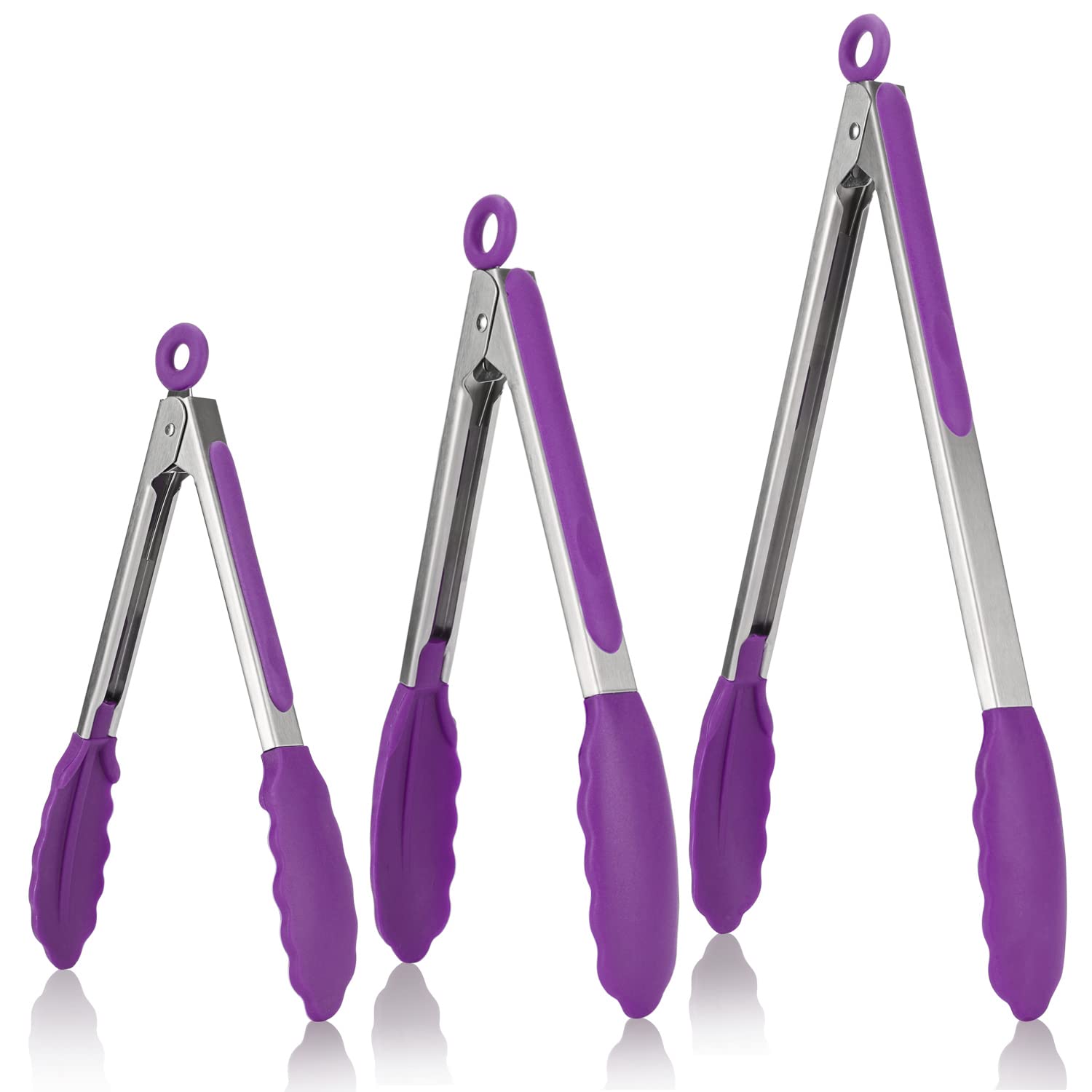 U-Taste 315℃ Heat Resistant Kitchen Tongs Set of 3, 18/8 Stainless Steel Grill Food Tongs with Non-Stick Silicone Tips & Handles for Cooking, BBQ, 18/23/30 cm (Purple)