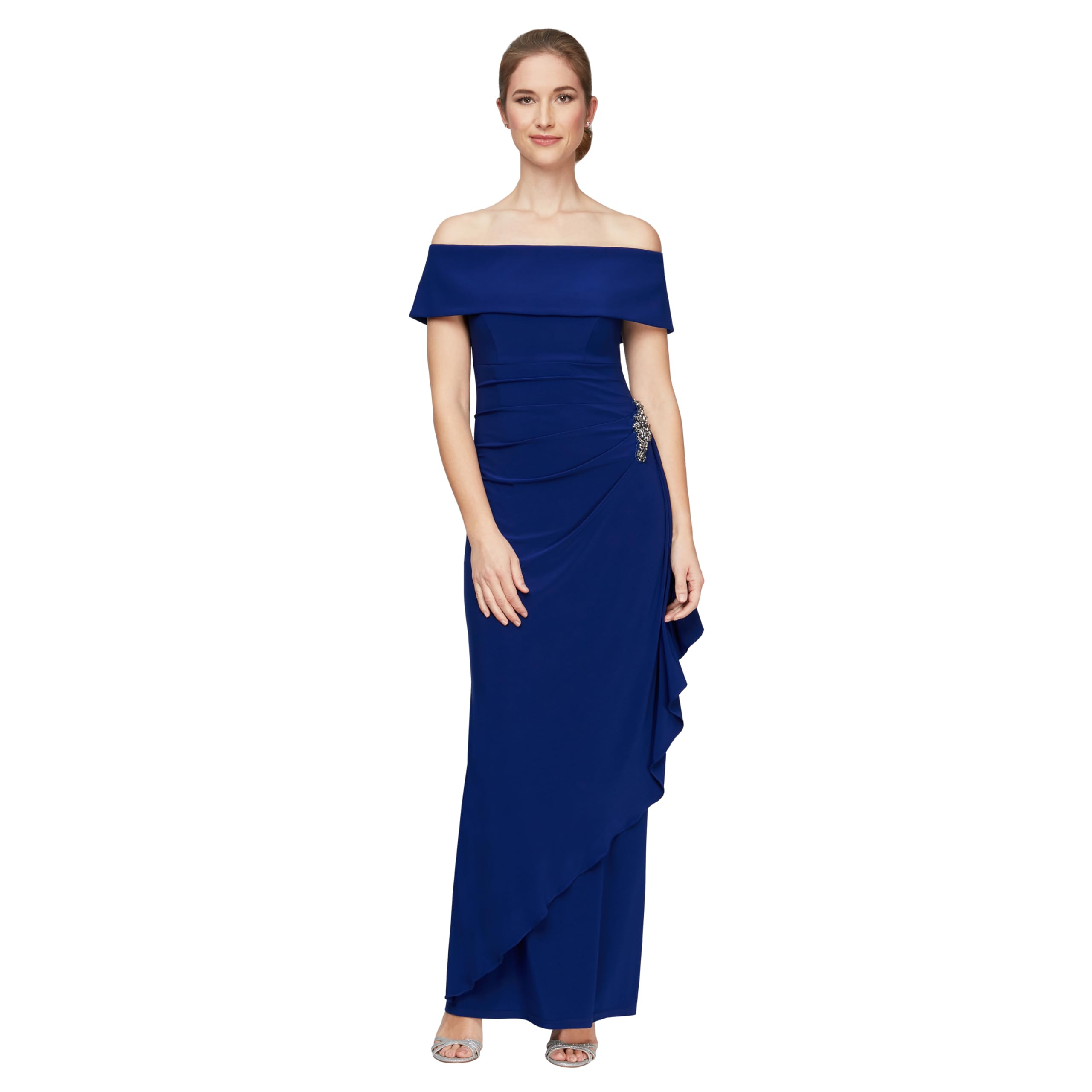 Alex Evenings Women’s Long Foldover Off The Shoulder Gown, Formal Event, Mother of The Bride Dress, Dark Royal, 4