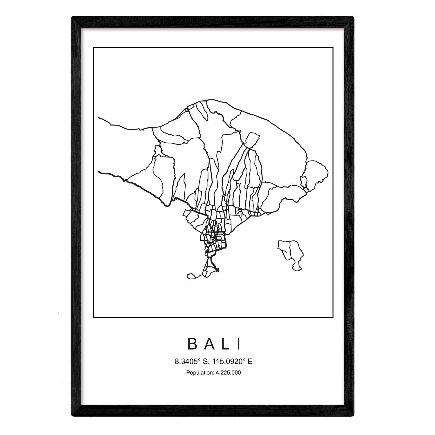 Print city map Bali Nordic style black and white. Poster A4 Printed paper No 250 gr. Paintings, prints and posters for living room and bedroom
