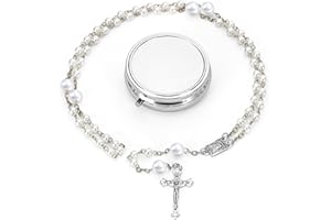 Rosary Beads Catholic for Woman, Wall Crosses Christian Gifts Catholic Gifts, White Artificial Pearls Rosary with Gift Box, F