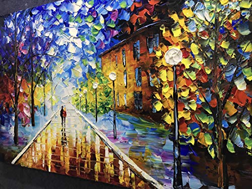 V-inspire Art， 24x36 Inch Oil Paintings Modern Abstract Landscape Artwork Romantic Rainy Night Canvas Painting Wall Art Home Decorations Wall Décor Stretched Frame Ready to Hang - Thumbnail 2