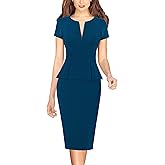 VFSHOW Womens Work Business Office Front Zipper Peplum Bodycon Dresses Elegant Short Sleeve Slim Church Pencil Sheath Dress