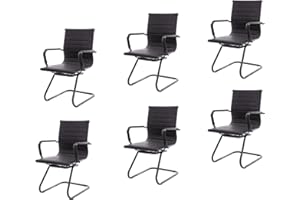 CIMOTA Waiting Room Chairs Leather Office Guest Chair Mid Back Reception Chairs with Sled Base for Meeting/Patient/Conference Room, Retro Black Set of 6