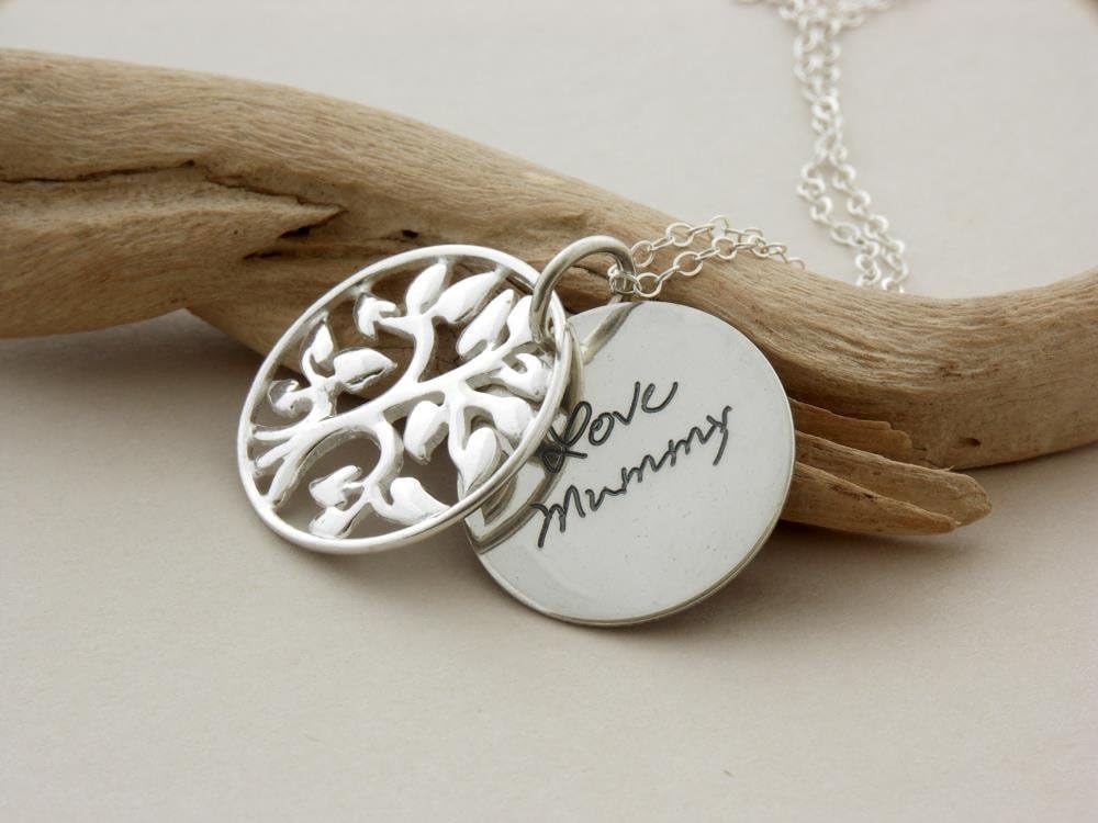 Actual HANDWRITING or SIGNATURE custom engraved handmade sterling silver tree of life necklace, Mom Dad keepsake, Sister Daughter gift