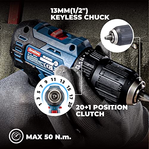 DongCheng 18V Akku-Bohrschrauber Bürstenloser,20+1,13mm Schnellspannbohrfutter 50N.m.Akku-Bohrschrauber(0-600/2000RPM) mit 2,0Ah Li-Ionen-Akku,mit 42-teiligem Bohr/Schraubersatz,DCJZ2050