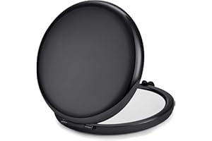 MLLXX Compact Mirror for Purse, Metal Round Shell, Double-Sided 1X/2X Magnifying, Portable Travel Makeup Mirror, Mini Pocket Mirror, Black，1 Pack