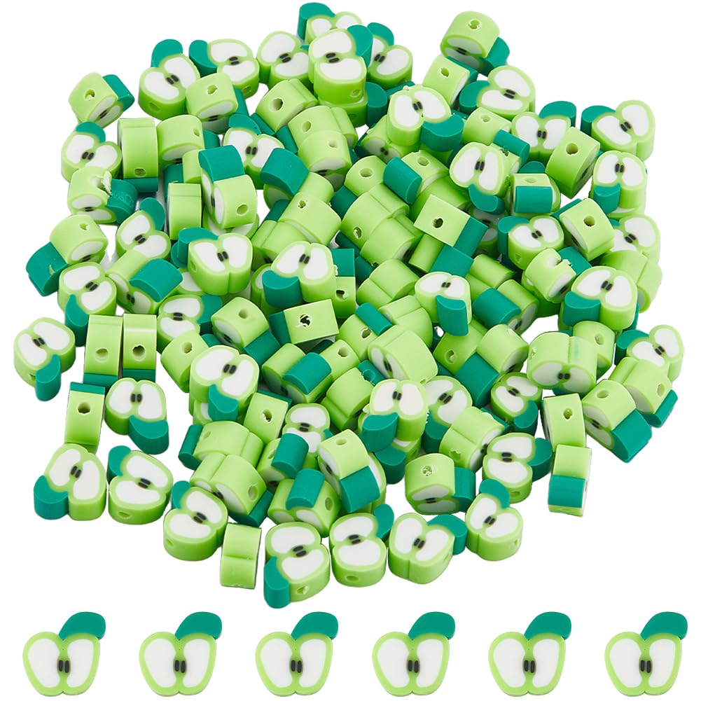 SUNNYCLUE 1 Box 200Pcs Apple Clay Beads Handmade Polymer Clay Beads Fruit Green Apple Slice Bead Flat Apple Shape Loose Spacer Beads for jewellery Making Beading Supplies DIY Keychain Bracelets Crafts
