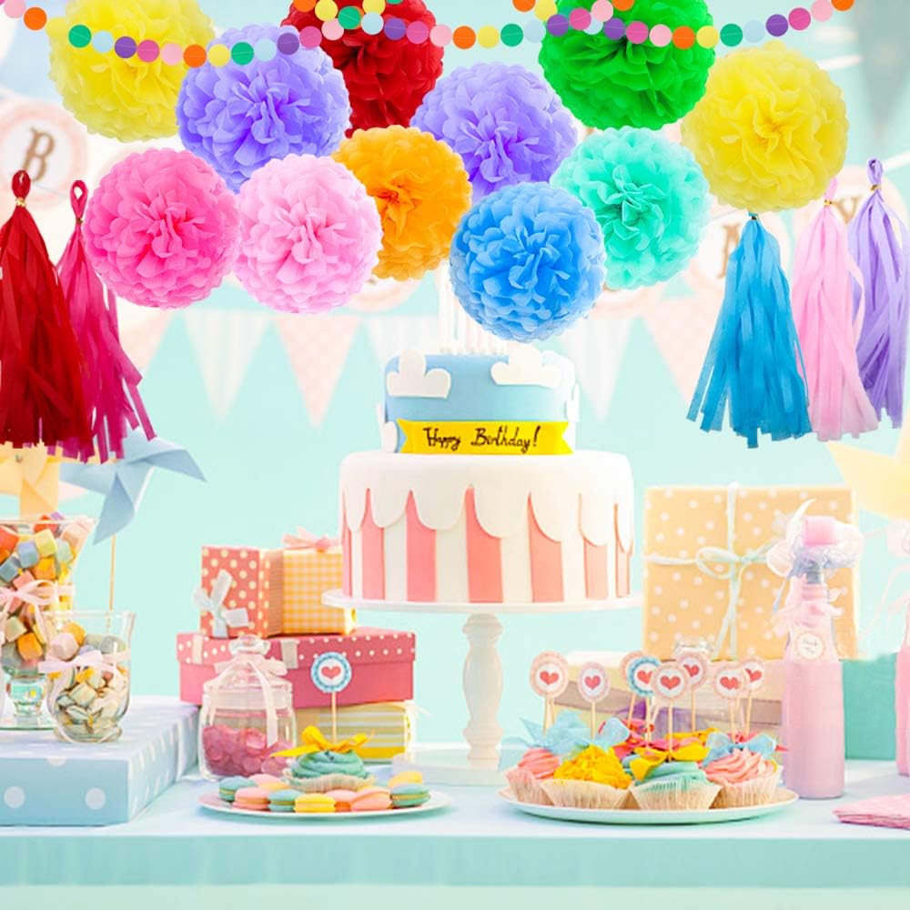 ZJHAI 61pcs Rainbow Party Decoration Tissue Paper Pom Poms, Tassel Garland and Circle Dots Hanging Decorations: Toys & Games
