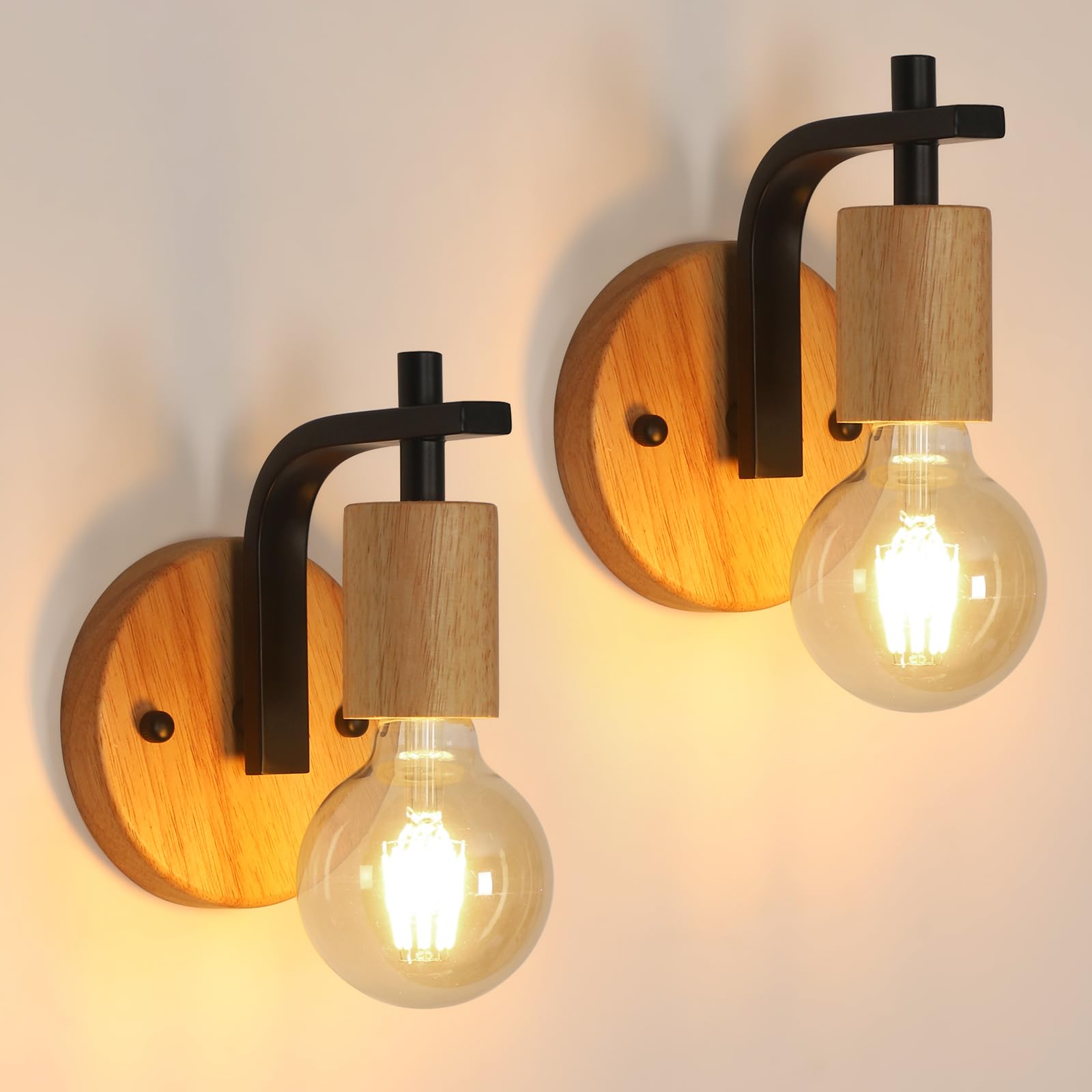Pheashine Wall Lights Indoor 2 Pack, Vintage Wood Wall Sconces Lights, E27 Industrial Black Wall Lamp for Hallway, Living Room, Bedroom, Kitchen, Stairs, Restaurant (Without Bulb)
