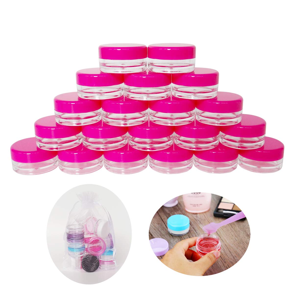 Wopanxye 20pcs 3Gram 3ml BPA Free Small Jars, Cosmetic Sample Empty Plastic Container Pot W/Rose-Red Screw Cap Lid, for Makeup, Eye Shadow, Nails, Powder, Jewelry, Gems, Beads, Small Travel Size