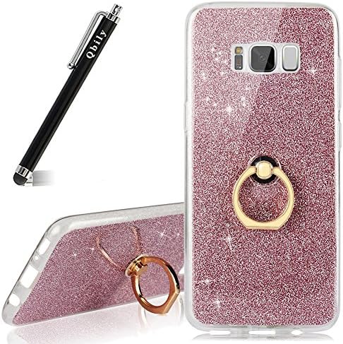 Qbily Galaxy S8 Plus Case with Ring Holder Kickstand, 360 Degree Rotating Ring Holder Grip Case Slim TPU Silicone Cover Glitter Sparkle Back Clear Bumper Case for Samsung Galaxy S8 Plus - Rose Gold