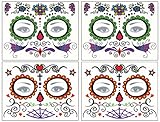 DaLin Floral Day of the Dead Sugar Skull Temporary Face Tattoo Kit for Halloween - Pack of 4 Kits