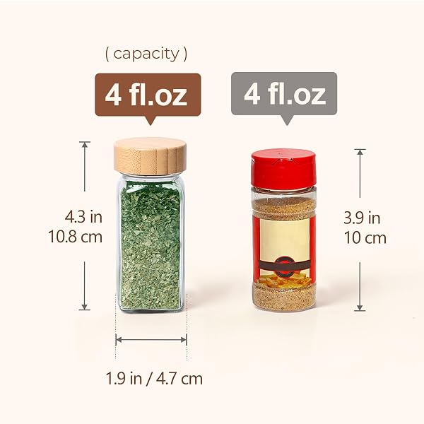 COMSAF GLASS SPICE JARS WITH WITH LABELS 4 OZ 24 PACK BAMBOO LIDS BULK SET