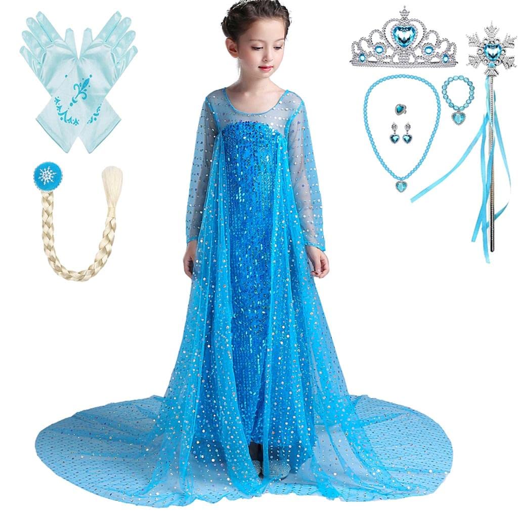 Lito Angels Princess Snow Queen Blue Sequin Fancy Dress Costume with Tulle Train and Accessories for Girls Kids Age 5-6 Years