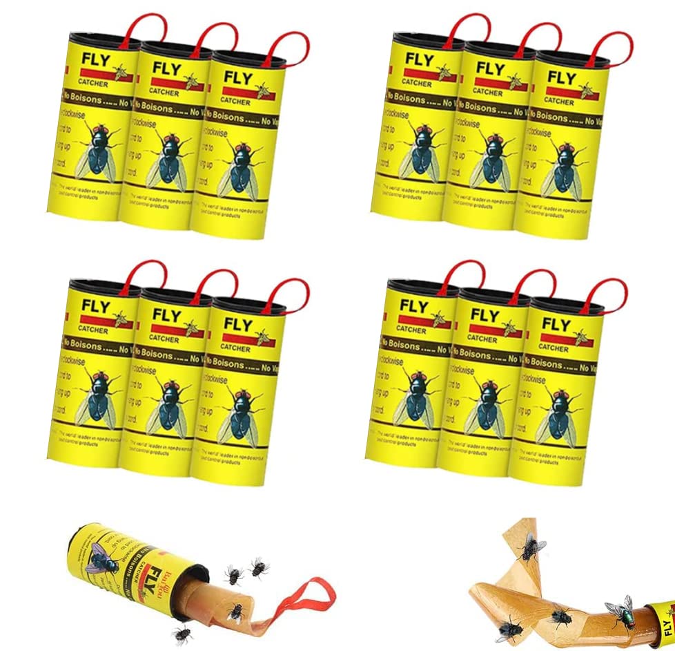 1ABOVE 12 Sticky Paper Fly Catchers NO Fumes NO Mess Sticky Tape for CATCHING Them UNWANTED Insects.